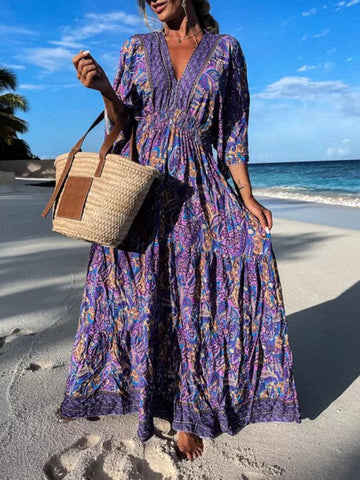 Woochic robe longue imprimés plissé dos nu v-cou manches au coude bohème plage Lavande S